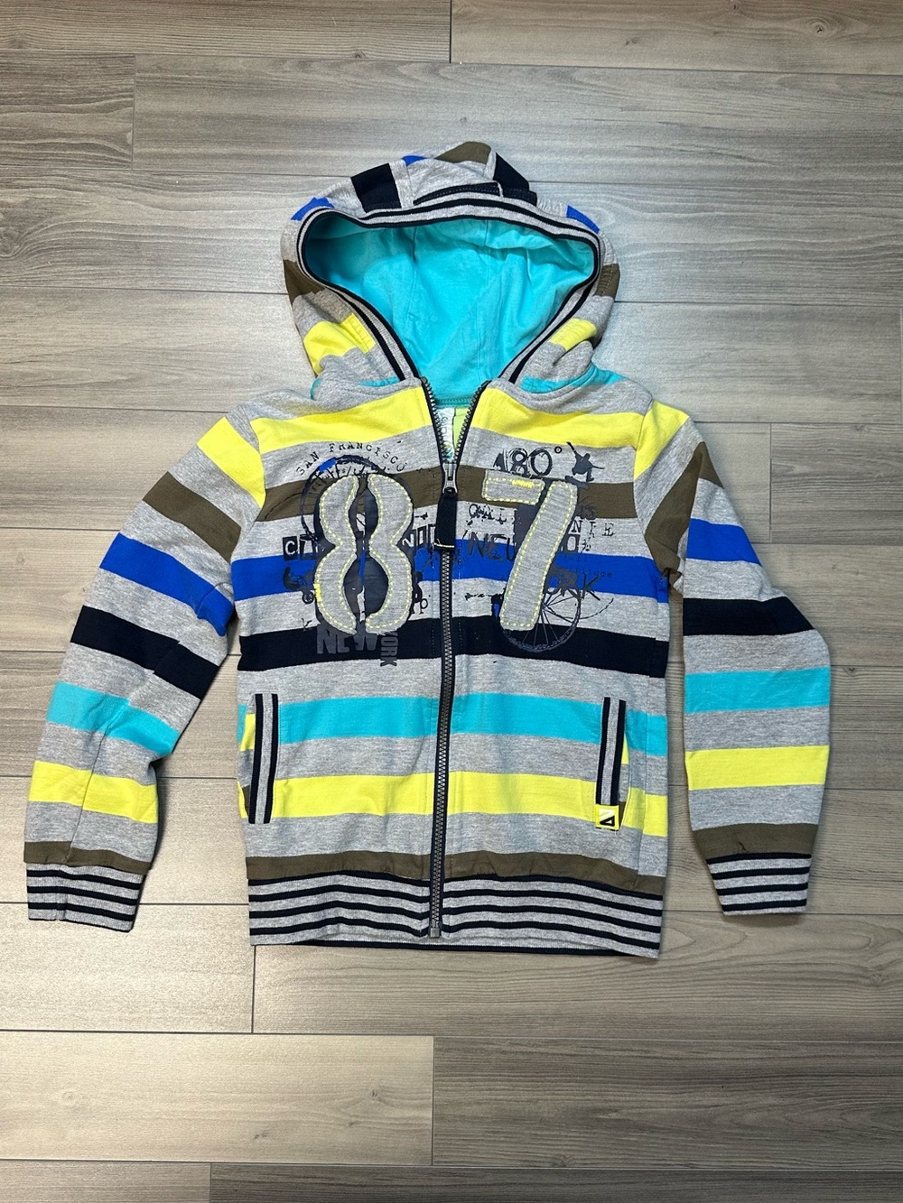 Kids Striped Hooded Zip-Up Sweatshirt - Blue, Yellow & Gray